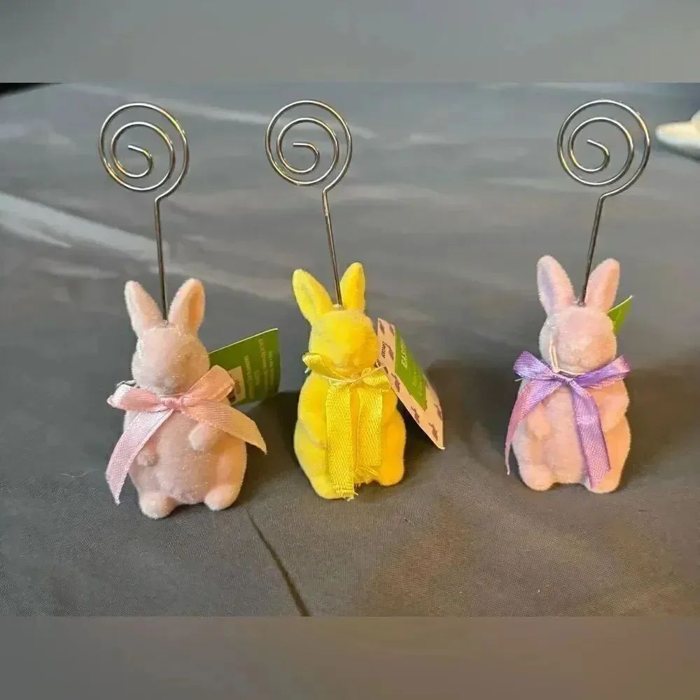 3 NEW Flocking Easter Bunny Shaped Picture Stand Table Decor NWT Pink Purple & Y